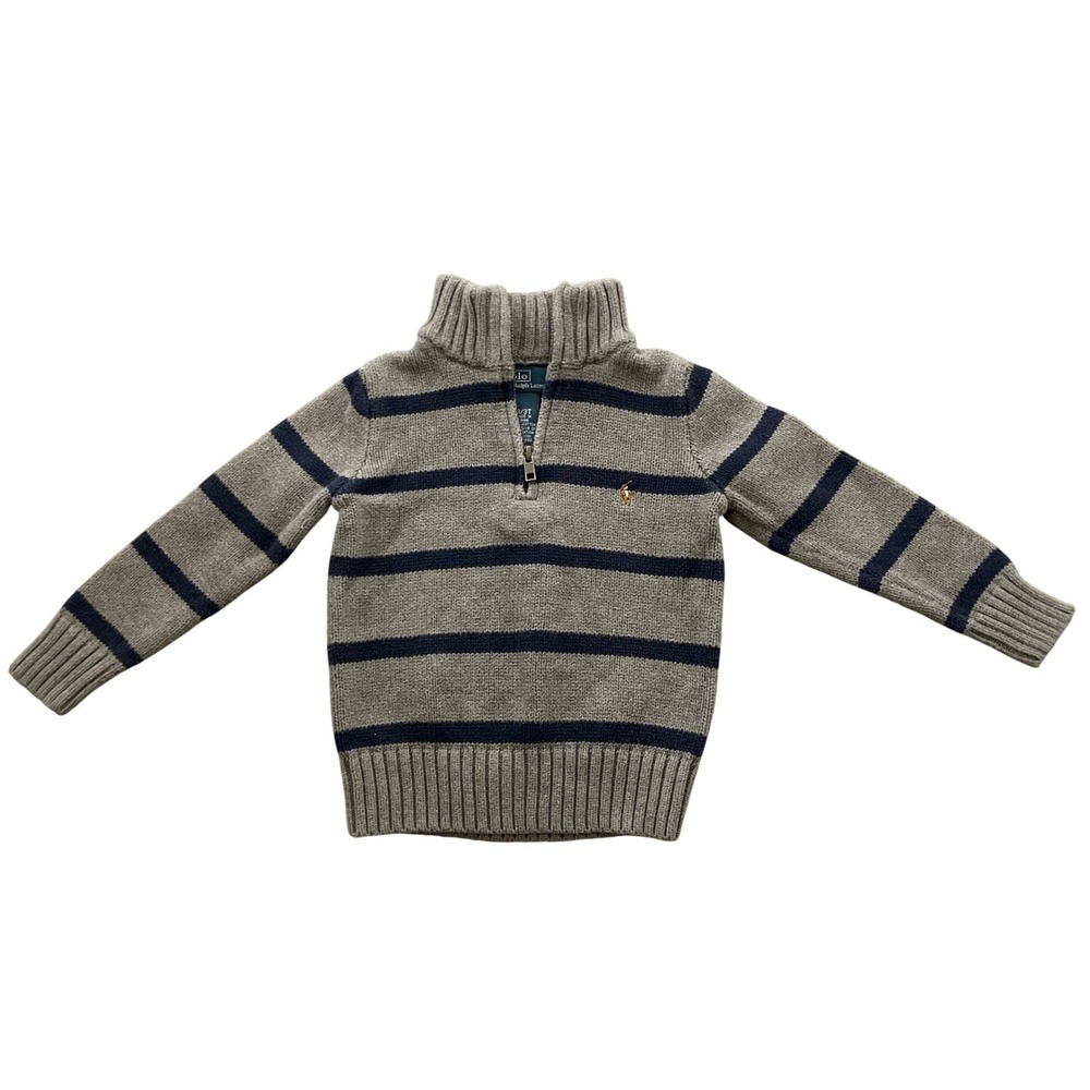 Kids Polo Ralph Lauren Gray Navy Stripe Quarter Zip Sweater 3T
